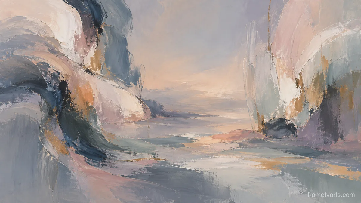 Large gestural brushstrokes around a quiet center – muted pastel organic abstraction Samsung Frame TV art, 4K