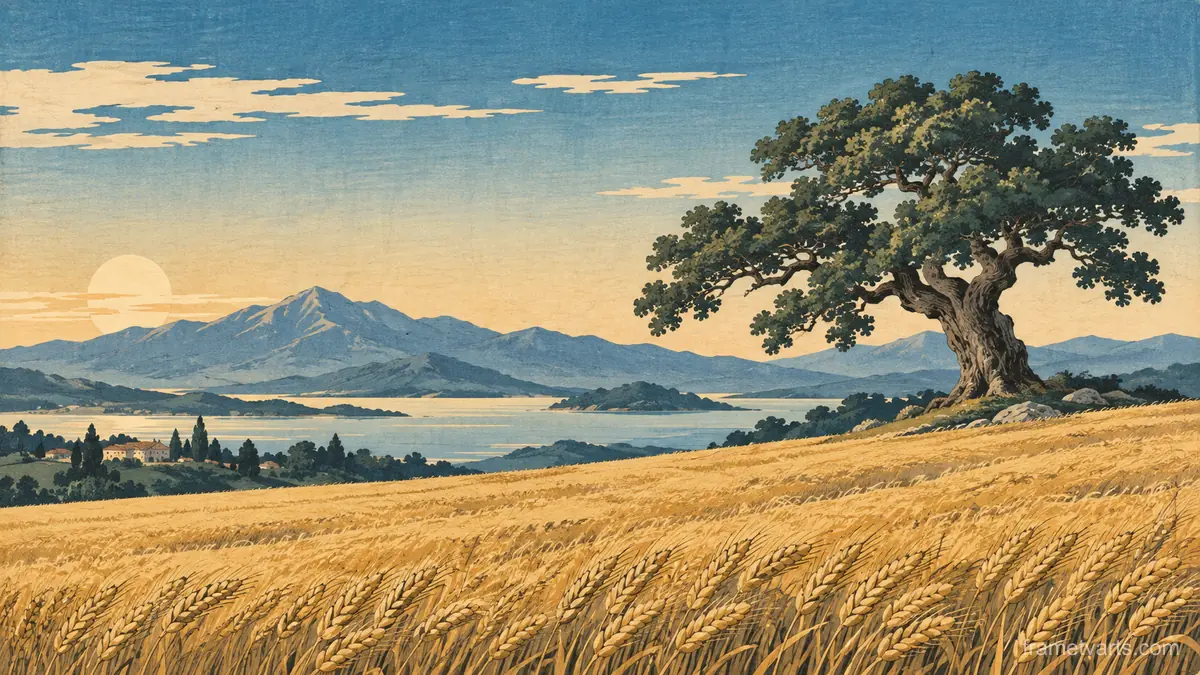 Golden wheat field and lone oak – japanese-inspired woodblock print Samsung Frame TV art, 4K