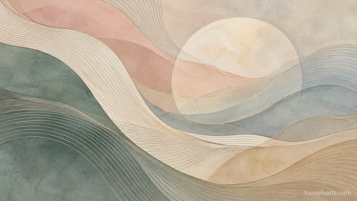 Rhythmic thin lines bending across layered fields – muted pastel organic abstraction Samsung Frame TV art, 4K