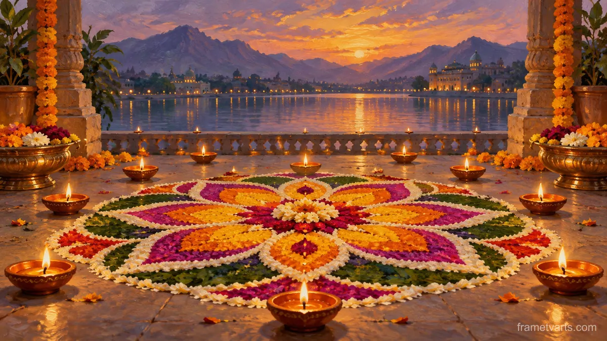 Diwali symmetrical floral rangoli beside oil lamps – traditional oil painting Samsung Frame TV art, 4K