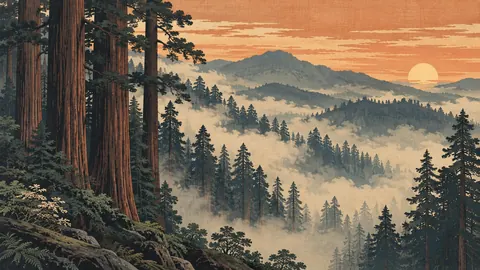 Fog rolling through redwood forest – japanese-inspired woodblock print Frame TV art
