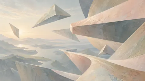 Floating angular planes with spatial tension – muted pastel organic abstraction Frame TV art