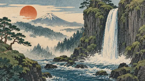 Waterfall between mossy basalt cliffs – japanese-inspired woodblock print Frame TV art