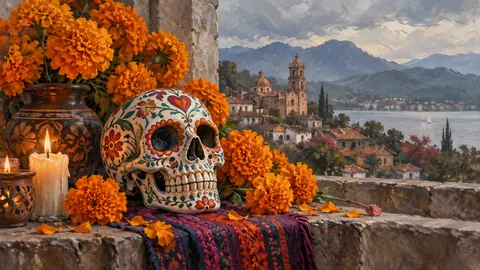 Dia de los Muertos marigolds and an original decorated calavera – traditional oil painting Frame TV art