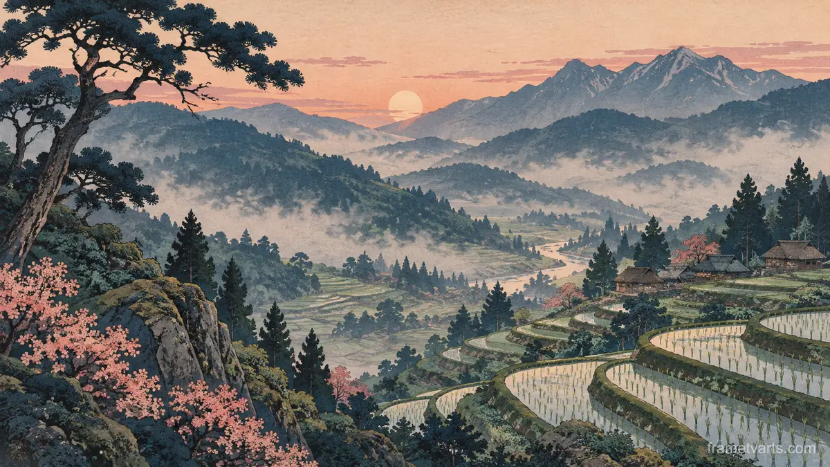 Terraced rice valley in morning mist – japanese-inspired woodblock print Samsung Frame TV art, 4K