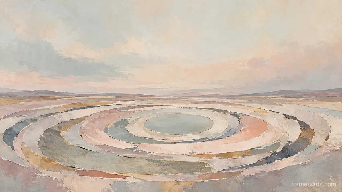 Concentric irregular rings with broken contours – muted pastel organic abstraction Samsung Frame TV art, 4K