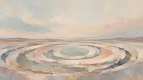 Concentric irregular rings with broken contours – muted pastel organic abstraction Frame TV art