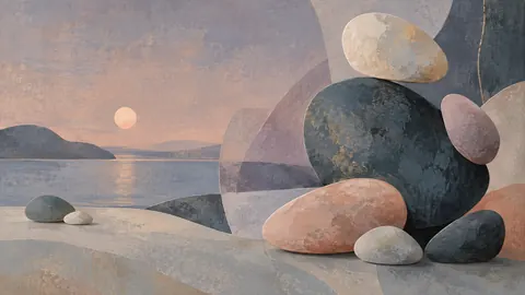 Scattered pebble shapes balanced asymmetrically – muted pastel organic abstraction Frame TV art