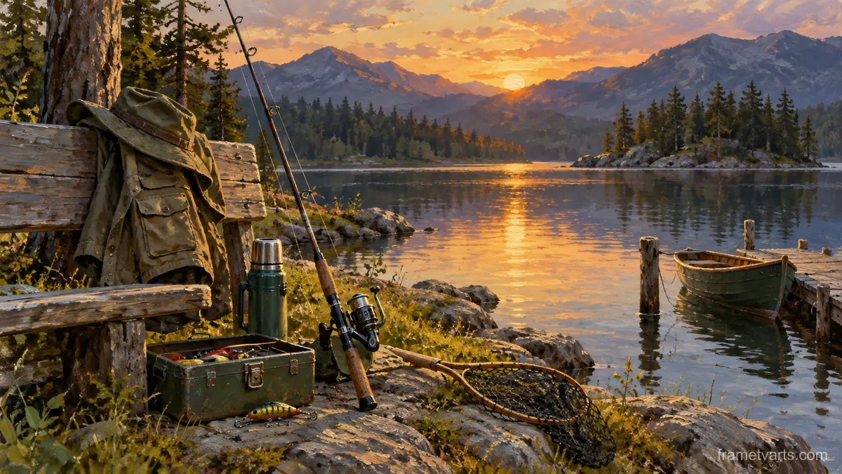 Father's Day fishing equipment beside a quiet lake – traditional oil painting Samsung Frame TV art, 4K