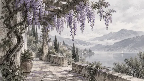 Wisteria cascading from a pergola – minimal ink and wash Frame TV art