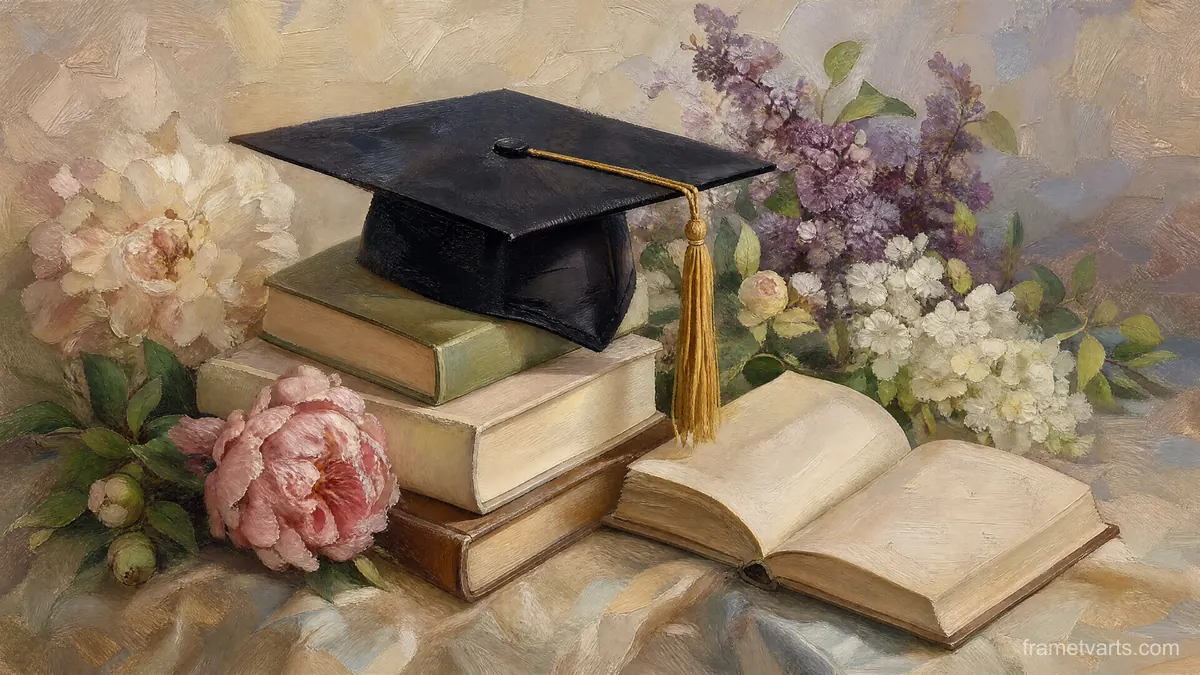 Graduation plain cap with books and flowers – traditional oil painting Samsung Frame TV art, 4K