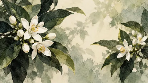 Citrus blossoms among dark green leaves – minimal ink and wash Frame TV art