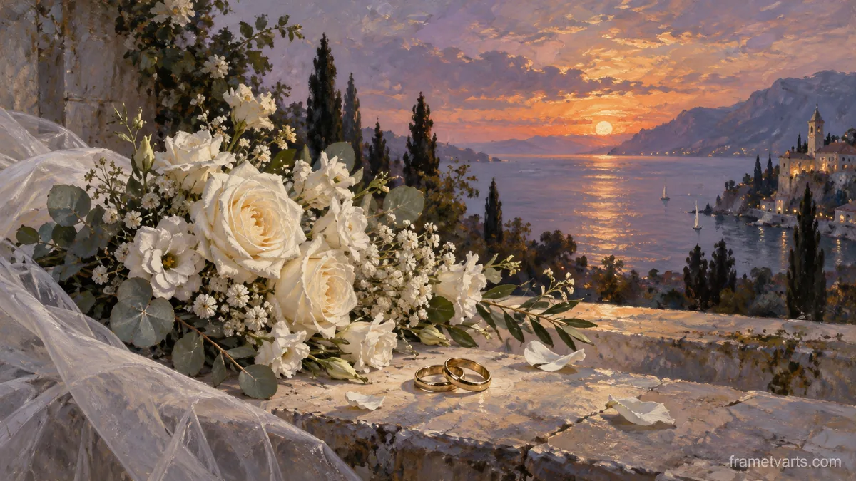 Wedding white florals and two interlocking plain rings – traditional oil painting Samsung Frame TV art, 4K
