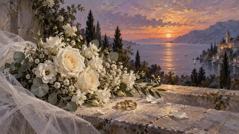 Wedding white florals and two interlocking plain rings – traditional oil painting Frame TV art