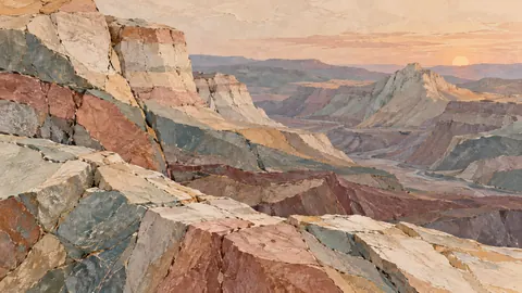 Expansive mineral strata and fractured textures – muted pastel organic abstraction Frame TV art