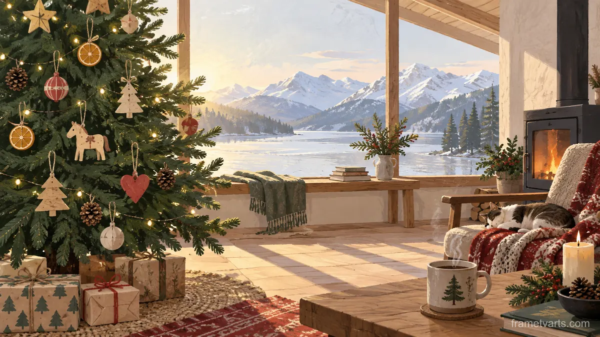 Christmas evergreen with handmade-looking plain ornaments – minimal celebratory illustration Samsung Frame TV art, 4K