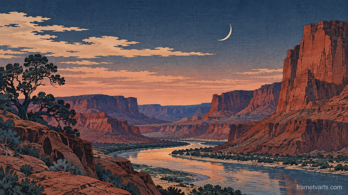 Red canyon and a narrow desert river – japanese-inspired woodblock print Samsung Frame TV art, 4K