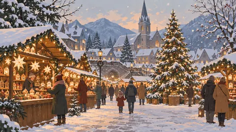 Snowy Christmas market without signs – minimal celebratory illustration Frame TV art