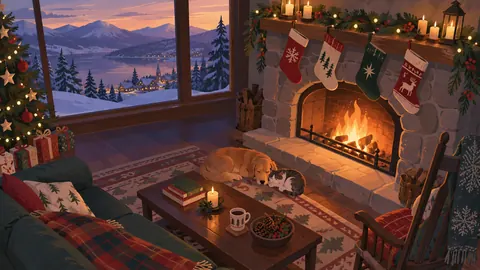Christmas stockings above a stone hearth – minimal celebratory illustration Frame TV art