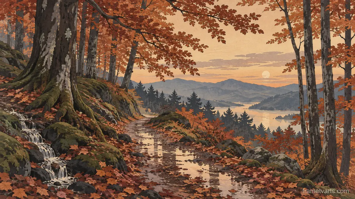 Wet woodland path among copper beeches – japanese-inspired woodblock print Samsung Frame TV art, 4K