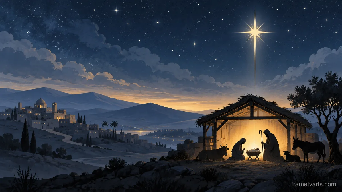 Nativity silhouette under a starry sky – minimal celebratory illustration Samsung Frame TV art, 4K