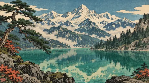 Emerald lake below snow peaks – japanese-inspired woodblock print Frame TV art