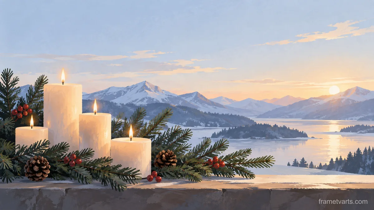 Winter solstice candles and evergreen boughs – minimal celebratory illustration Samsung Frame TV art, 4K