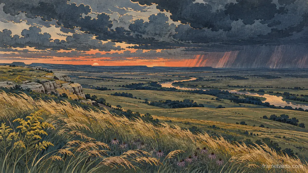 Prairie grass rippling beneath storm clouds – japanese-inspired woodblock print Samsung Frame TV art, 4K