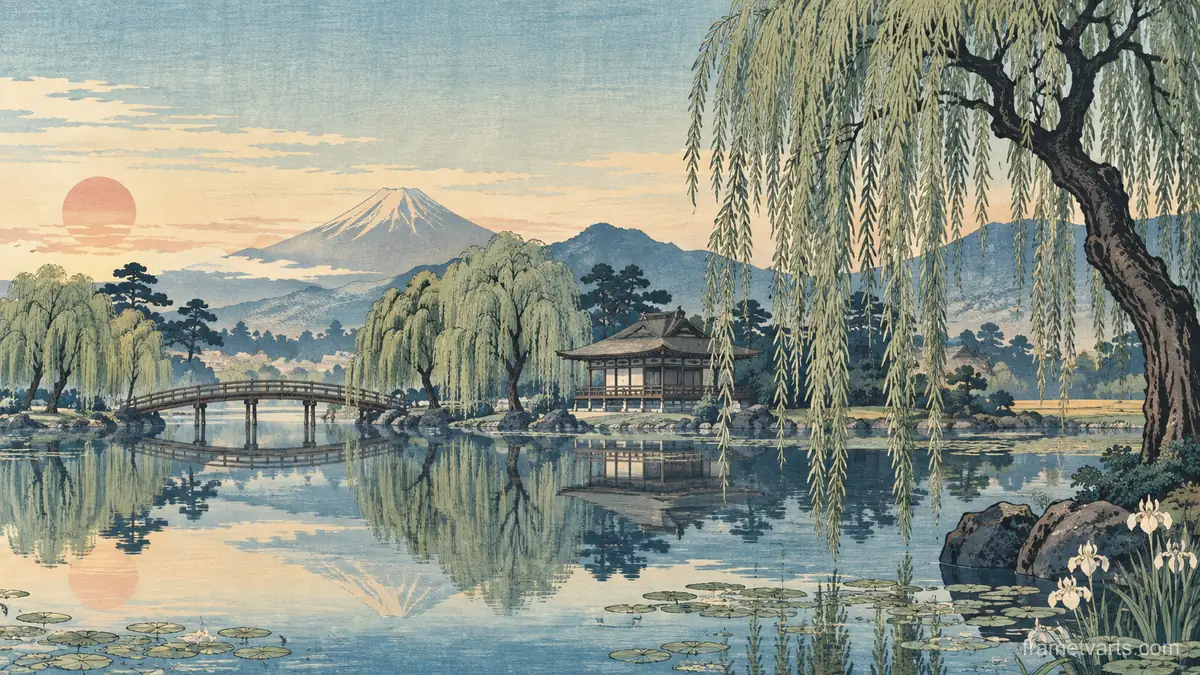 Willow trees reflected in a still pond – japanese-inspired woodblock print Samsung Frame TV art, 4K
