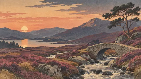 Heather moor and small stone footbridge – japanese-inspired woodblock print Frame TV art