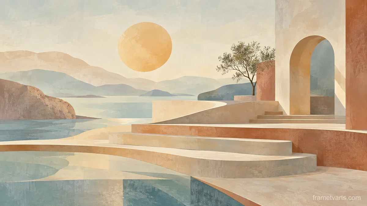 Sunlike disk above abstract architectural steps – muted pastel organic abstraction Samsung Frame TV art, 4K