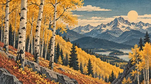 Aspen grove in autumn sunlight – japanese-inspired woodblock print Frame TV art