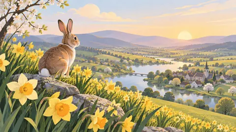 Easter rabbit among spring daffodils – minimal celebratory illustration Frame TV art