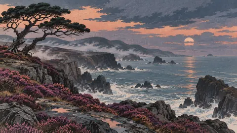 Wild coastal heath after rain – japanese-inspired woodblock print Frame TV art
