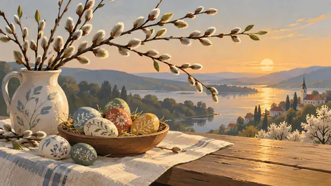 Easter painted eggs and willow branches – minimal celebratory illustration Frame TV art