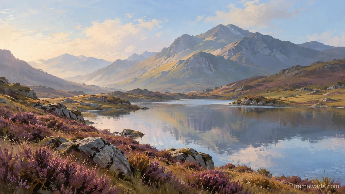Highland tarn beneath heather slopes – minimalist landscape painting Samsung Frame TV art, 4K