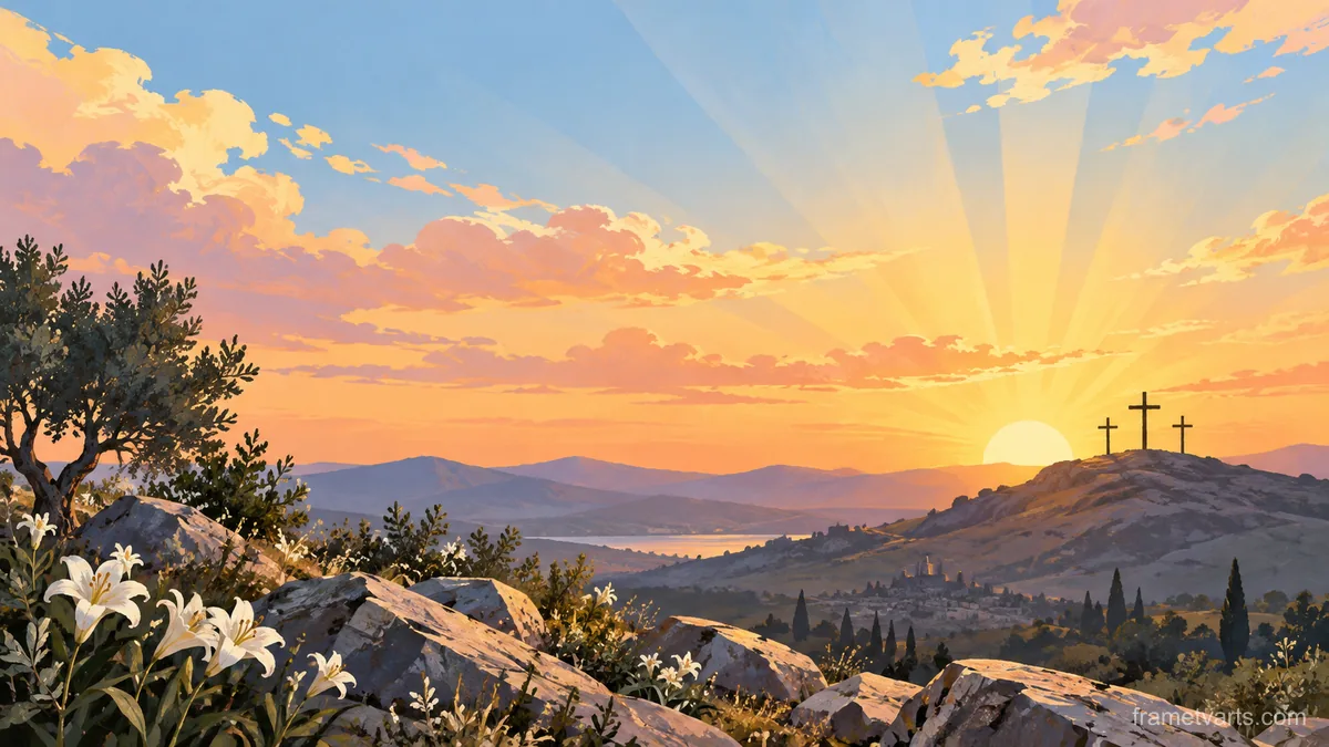 Easter sunrise over three distant simple crosses – minimal celebratory illustration Samsung Frame TV art, 4K