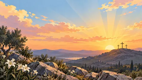 Easter sunrise over three distant simple crosses – minimal celebratory illustration Frame TV art