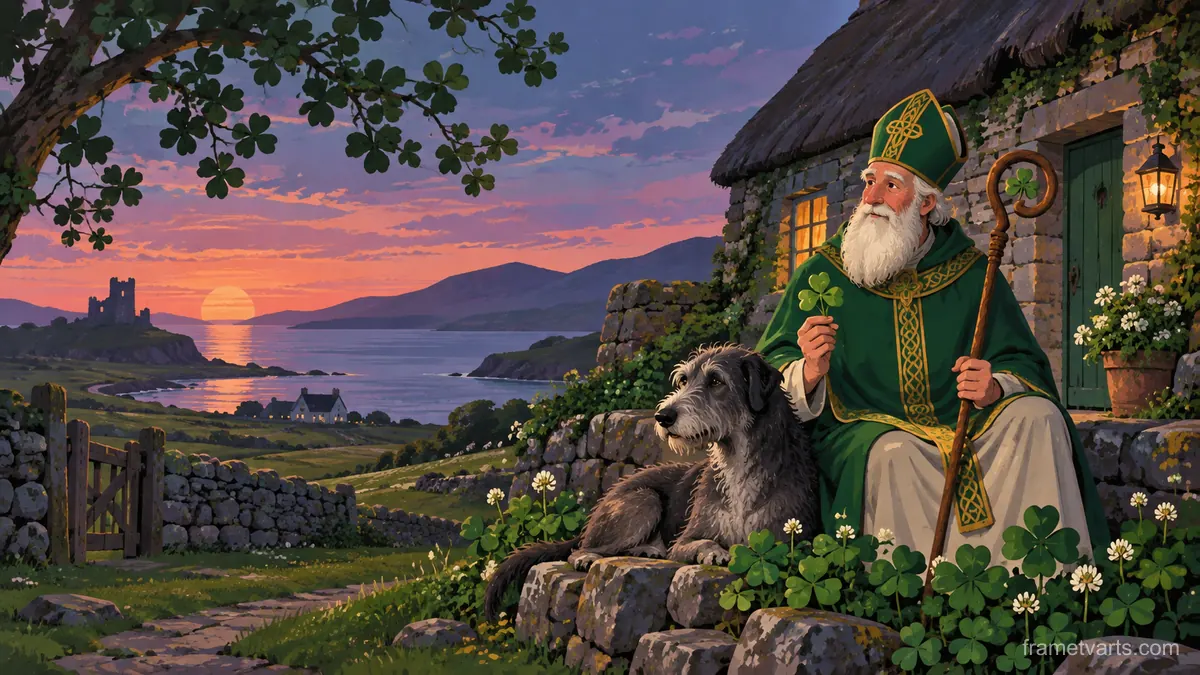 St Patrick shamrocks beside a rustic stone cottage – minimal celebratory illustration Samsung Frame TV art, 4K