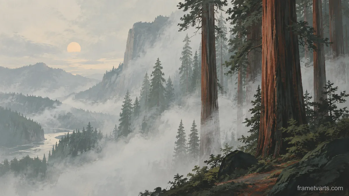 Fog rolling through redwood forest – minimalist landscape painting Samsung Frame TV art, 4K