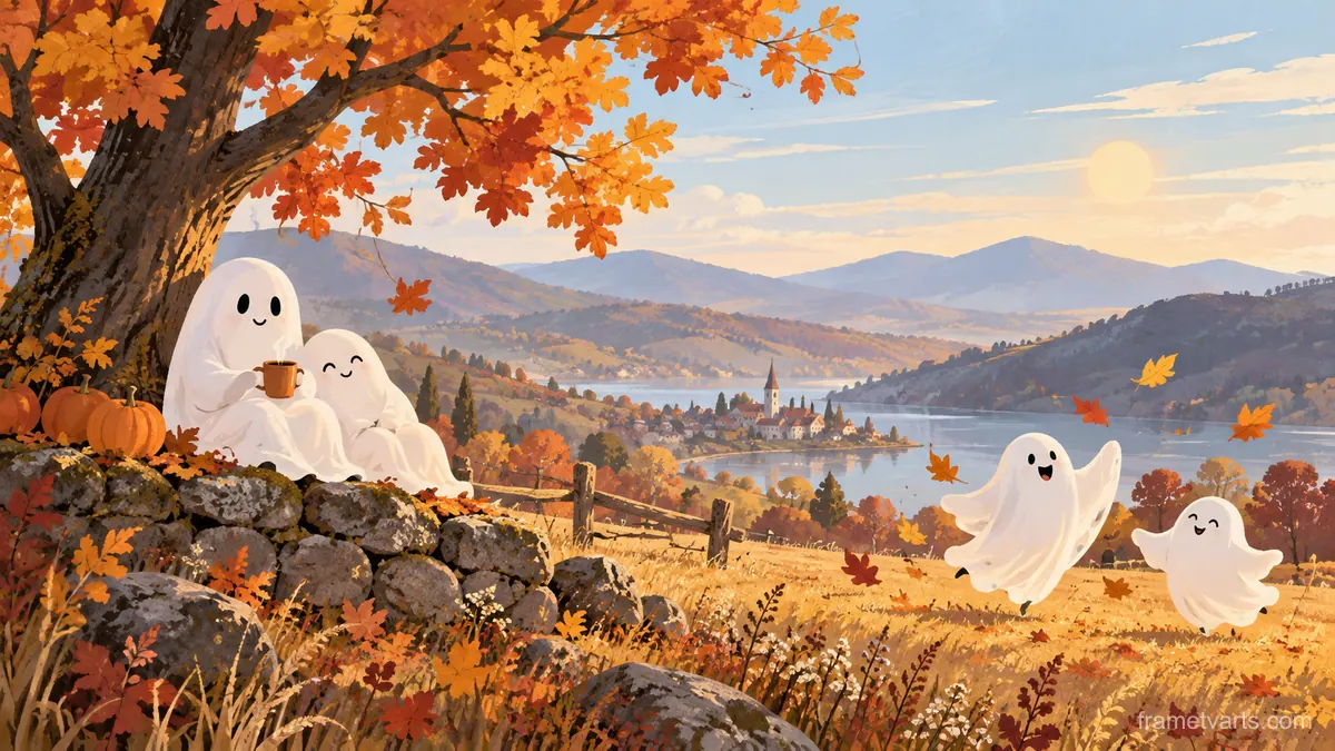 Halloween friendly ghosts in an autumn meadow – minimal celebratory illustration Samsung Frame TV art, 4K