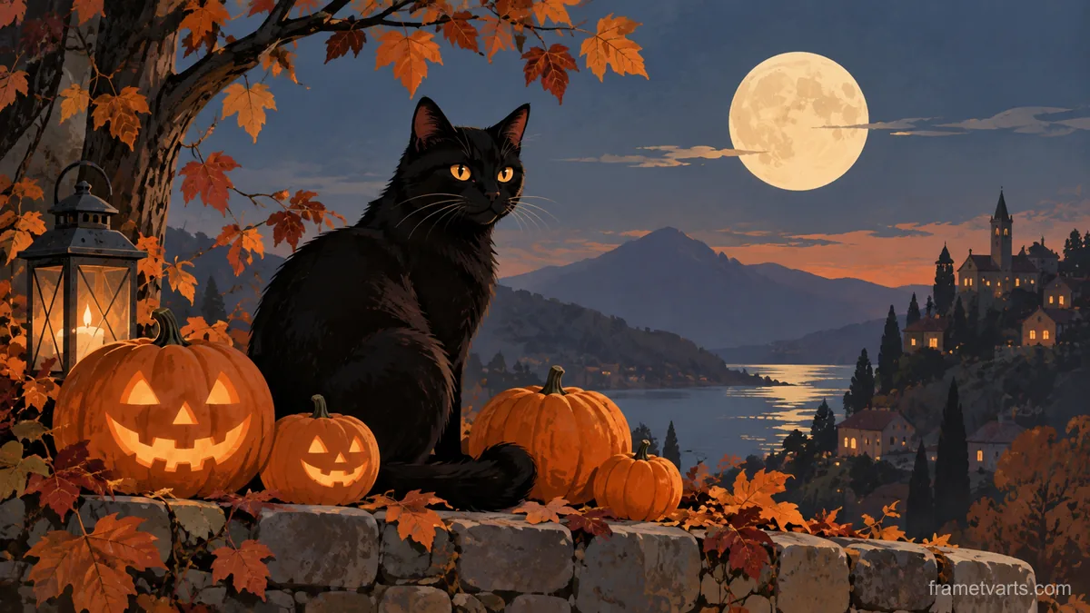 Halloween black cat with pumpkins beneath moonlight – minimal celebratory illustration Samsung Frame TV art, 4K
