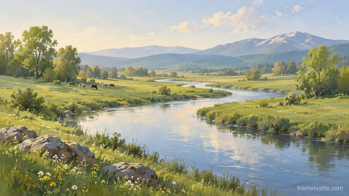 Meandering river through spring pasture – minimalist landscape painting Samsung Frame TV art, 4K