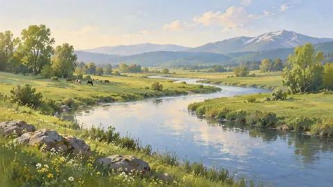 Meandering river through spring pasture – minimalist landscape painting Frame TV art