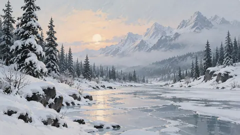 Snow-laden pine forest beside frozen creek – minimalist landscape painting Frame TV art