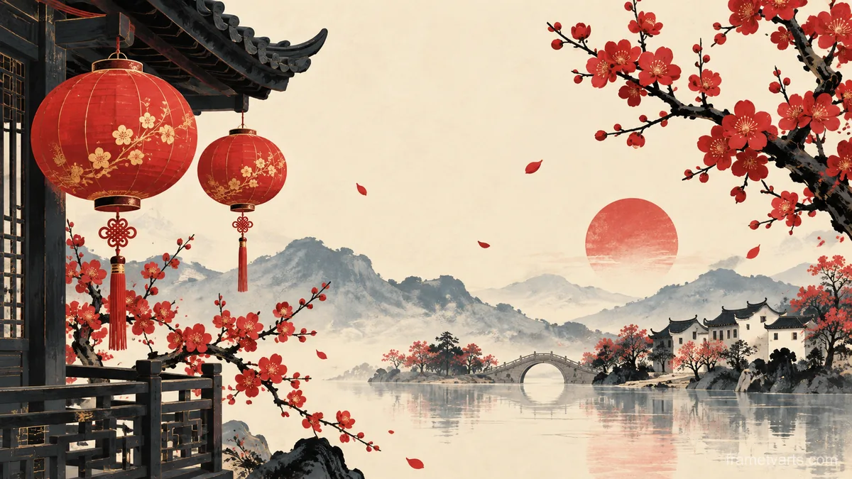 Lunar New Year red lanterns and plum blossoms – minimal celebratory illustration Samsung Frame TV art, 4K