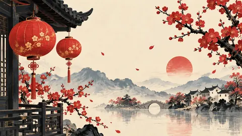 Lunar New Year red lanterns and plum blossoms – minimal celebratory illustration Frame TV art