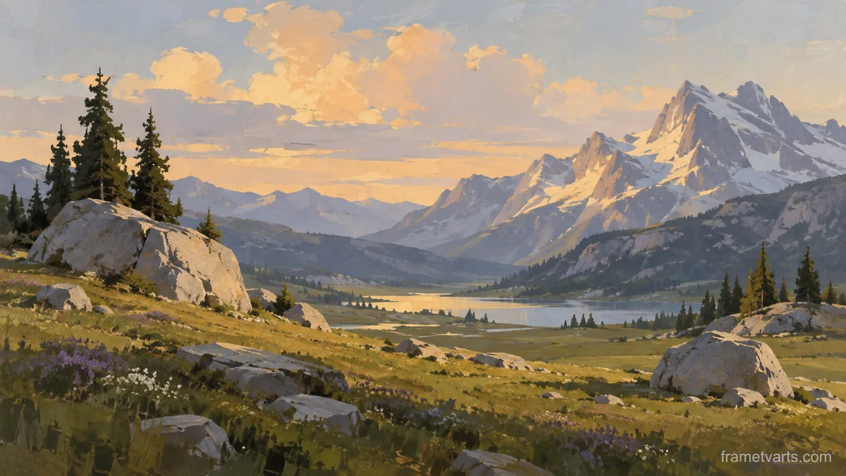 Alpine meadow with scattered boulders – minimalist landscape painting Samsung Frame TV art, 4K