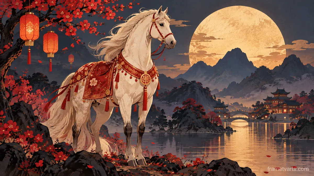 Lunar New Year decorative original zodiac horse – minimal celebratory illustration Samsung Frame TV art, 4K