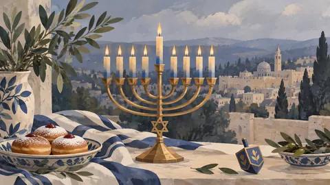 Hanukkah nine-branched hanukkiah with eight candle positions plus a distinct shamash – minimal celebratory illustration Frame TV art
